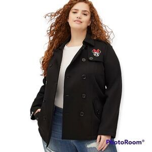 5X 28W Torrid Black Minnie Mouse Pea Coat Disney Fleece Knit Embroidered Jacket